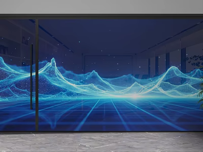 Modern Glass Partition With Blue Wave Pattern And Light Spots For Indoor Space 3d model