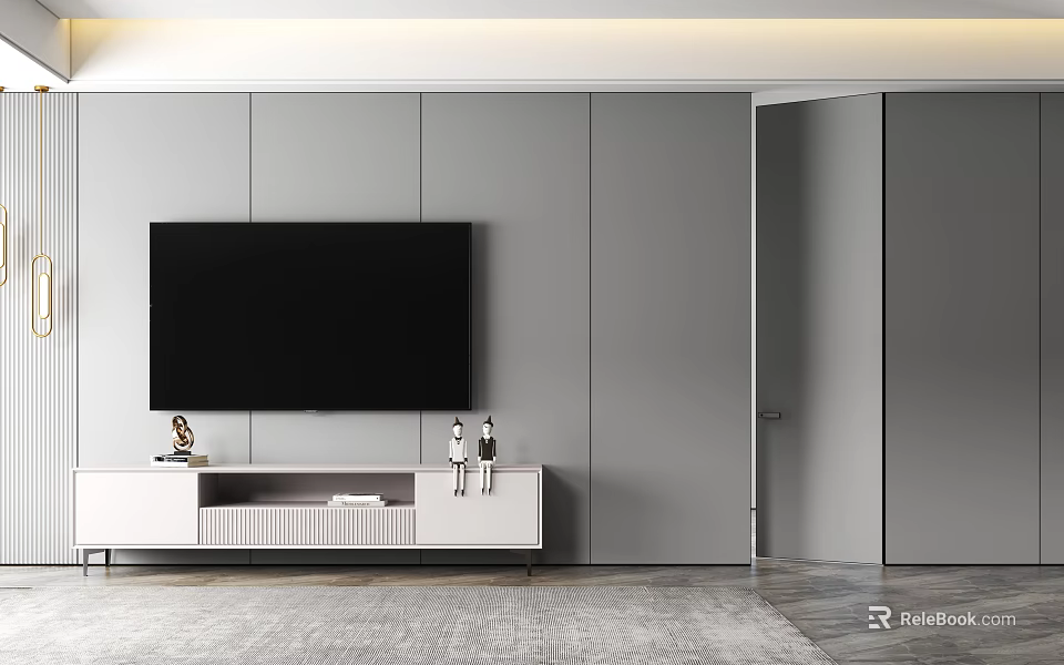 Modern Living Room Interior Design With Gray Walls TV Unit And Swing Door 3d model 