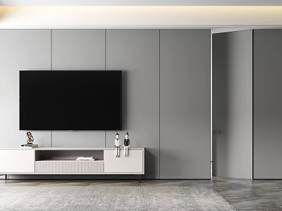Modern Living Room Interior Design With Gray Walls TV Unit And Swing Door 3d model