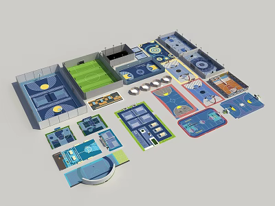 Various Sports Field And Building Layout Plans With Colorful Design Elements 3d model