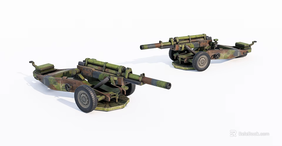 Military Camouflage Towed Artillery Weapons With Wheels And Long Barrels 3d model 