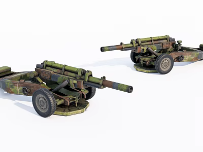 Military Camouflage Towed Artillery Weapons With Wheels And Long Barrels 3d model