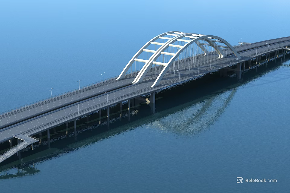 Modern Arch Bridge Over Water With Steel Structure And Road Lanes Reflection 3d model 