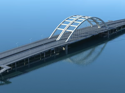 Modern Arch Bridge Over Water With Steel Structure And Road Lanes Reflection 3d model
