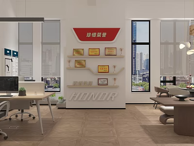 Modern Office Interior With Honor Wall Certificates Trophies Furniture And City View Windows 3d model