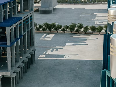 Industrial Factory Exterior With Blue Structural Elements Gray Buildings Arranged Trees And Large Open Area 3d model