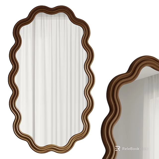 Decorative Wall Mirror With Scalloped Brown Frame And Curtain Reflection Design 3d model