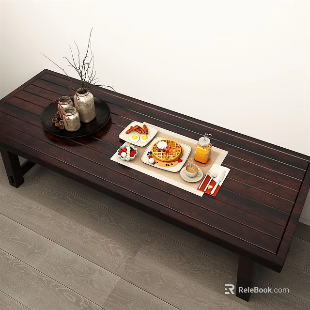 Delicious Breakfast Food With Pancakes Fried Eggs And Orange Juice On Wooden Table 3d model 