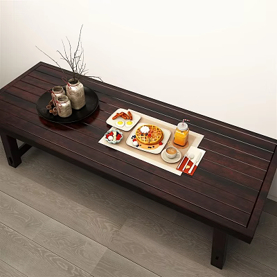 Delicious Breakfast Food With Pancakes Fried Eggs And Orange Juice On Wooden Table 3d model