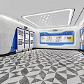 Modern Exhibition Hall Interior With White Column Blue Display Areas Trophies And Geometric Floor Tiles