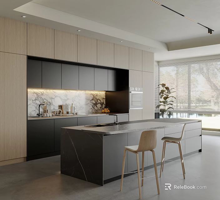 Modern Kitchen Interior With Light Wood Dark Cabinets Marble Island And Bar Stools 3d model 