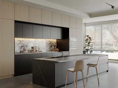 Modern Kitchen Interior With Light Wood Dark Cabinets Marble Island And Bar Stools 3d model