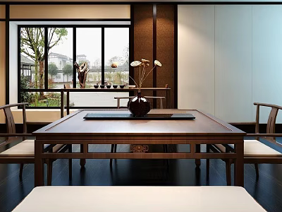 Traditional Chinese Tea Table and Chairs with Scenic Window and Natural Landscape View 3d model