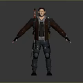 Man In Leather Jacket With Tactical Gear Knee Pads And Rifle On Back