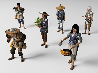 Woman Wearing Traditional Attire Cooking with Spatula and Fried Food Among Peasants 3d model