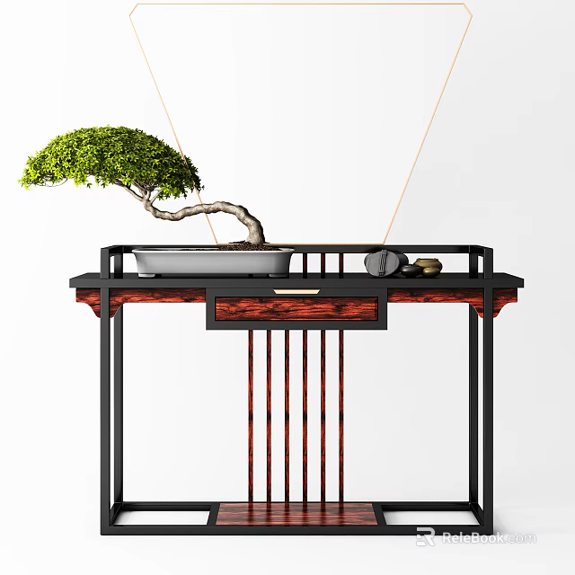 Entryway Cabinet Sideboard With Bonsai Tree And Decorative Items On Top Surface 3d model