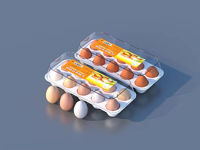 Fresh Colored Eggs In Two Clear Cartons With Scattered Eggs On Surface 3d model