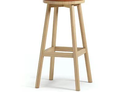 Simple Design Natural Wood Bar Stool With Round Seat Four Legs And Crossbar 3d model