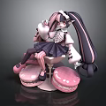 Anime Elf Character With Twin Pink Black Tails In Lolita Dress Sitting On Macaron Base