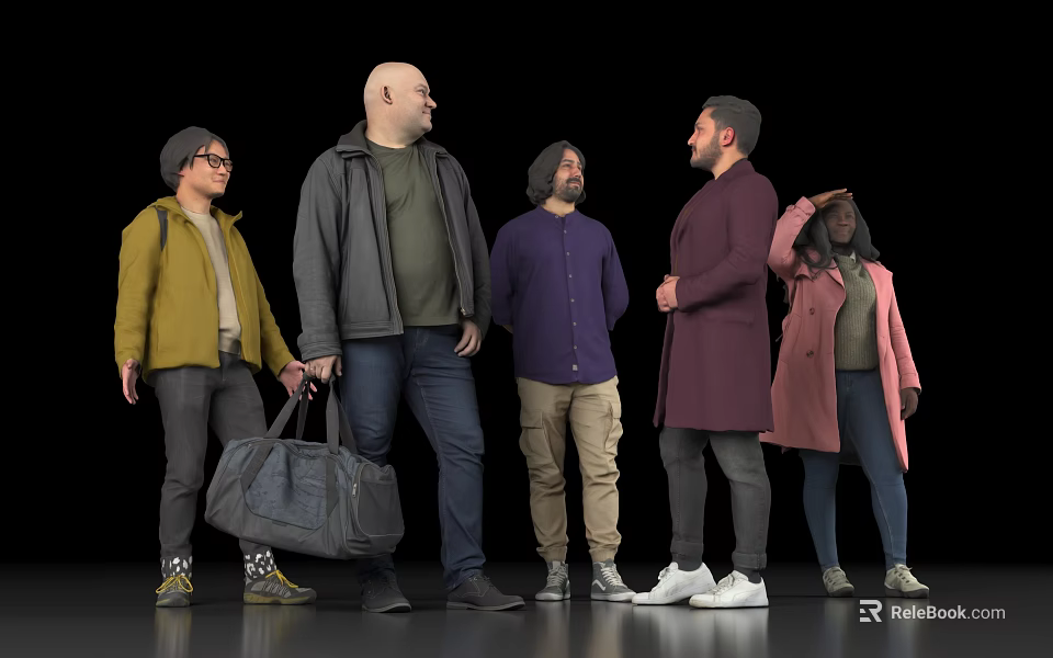Group of diverse people standing together in various colored coats and pants against black background 3d model 