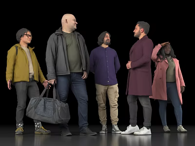 Group of diverse people standing together in various colored coats and pants against black background 3d model