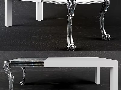 Elegant Modern Dining Table Design With Silver Carved Legs And White Tabletop 3d model