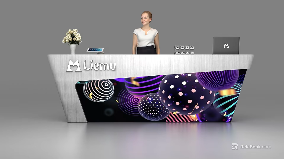 Miemu Reception Desk With Colorful Spherical Patterns Receptionist Flower Vase Tablet And Laptop 3d model 