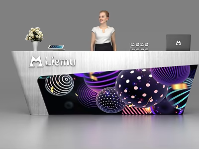 Miemu Reception Desk With Colorful Spherical Patterns Receptionist Flower Vase Tablet And Laptop 3d model