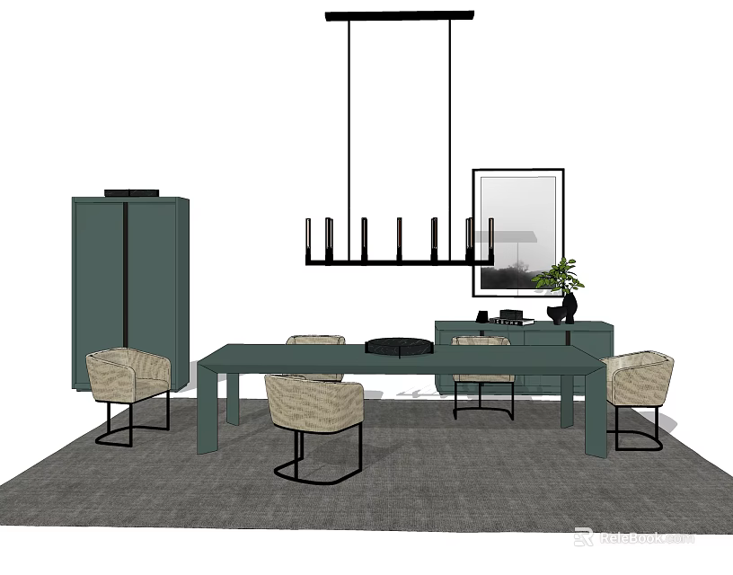 Modern Dining Table And Chairs Set With Black Pendant Light Green Cabinet And Gray Rug 3d model 