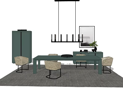 Modern Dining Table And Chairs Set With Black Pendant Light Green Cabinet And Gray Rug 3d model