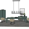 Modern Dining Table And Chairs Set With Black Pendant Light Green Cabinet And Gray Rug