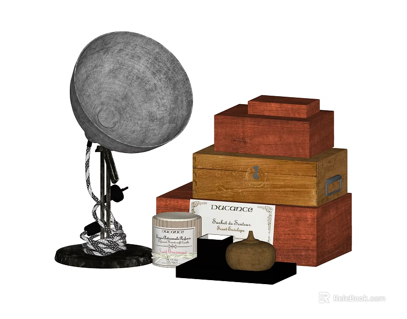 Decorative Ornament Set With Gray Ball Stacked Wooden Boxes Small Jar Gourd Decor And Base 3d model 