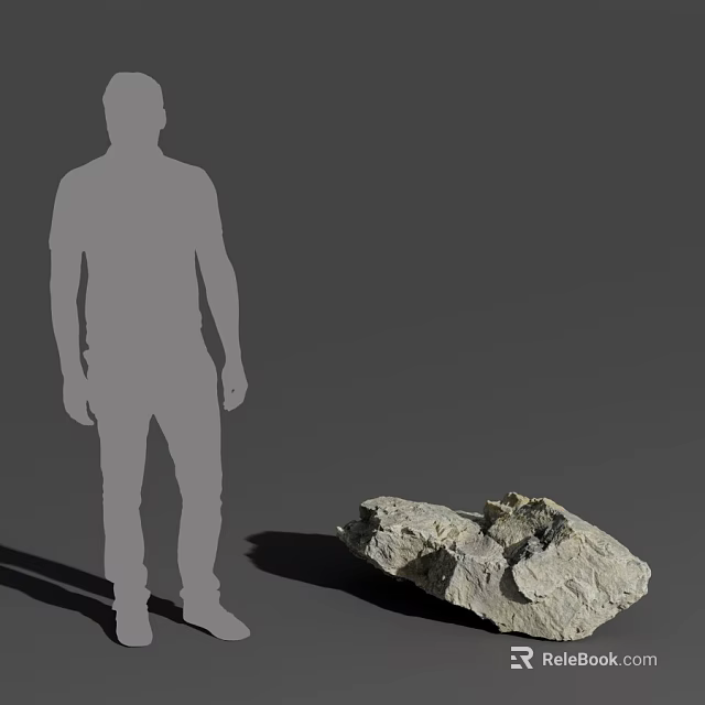 Human Silhouette Standing Next to Large Textured Rock on Gray Background 3d model 