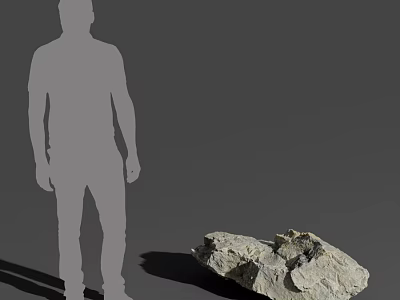 Human Silhouette Standing Next to Large Textured Rock on Gray Background 3d model