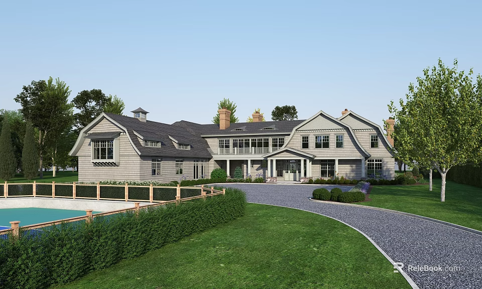 Detached House Exterior With Green Lawn Curved Gravel Driveway And Swimming Pool 3d model 