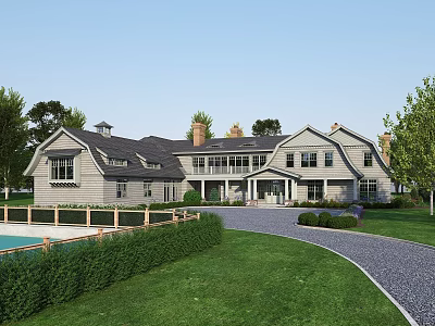 Detached House Exterior With Green Lawn Curved Gravel Driveway And Swimming Pool 3d model