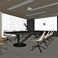 Modern Conference Room With Long Table Chairs Projector Screen Windows And Ceiling Lights