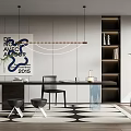 Modern Study Desk and Chair Bookcase Low Stool Chandelier Floor Lamp Green Plant Potted Plant Carpet 3d model