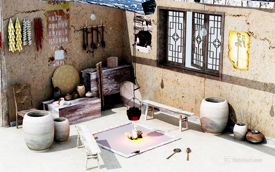 Traditional Chinese Rural Courtyard With Earthenware Pots Hanging Utensils Fire Pit And Carved Windows 3d model 