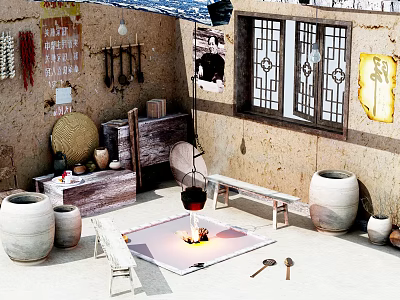 Traditional Chinese Rural Courtyard With Earthenware Pots Hanging Utensils Fire Pit And Carved Windows 3d model