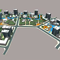 Modern Office Buildings In Urban Planning With Green Spaces And Water Features