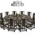 Round Dining Table Set With Multiple Chairs Chandelier Tableware And Flower Arrangement 3d model