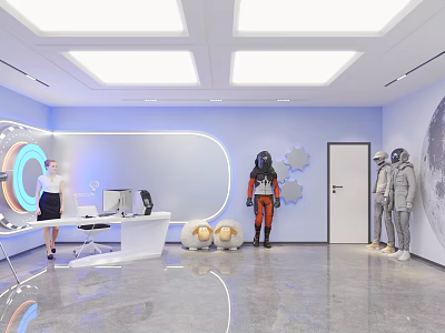 Public Office Space With Blue Walls Astronaut Models Ceiling Lights Moon Mural And Gear Decorations 3d model