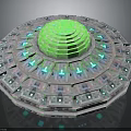 Futuristic Circular Structure With Green Glowing Top And Layered Illuminated Panels
