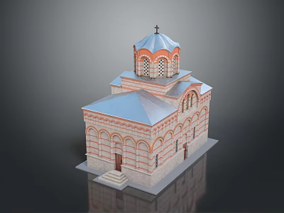 Traditional Church Building With Blue Dome Red Brick Walls Arched Windows And Steps 3d model