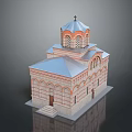 Traditional Church Building With Blue Dome Red Brick Walls Arched Windows And Steps