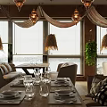 Elegant Modern Restaurant Interior With Decorative Chandeliers Large Windows And Wooden Dining Table