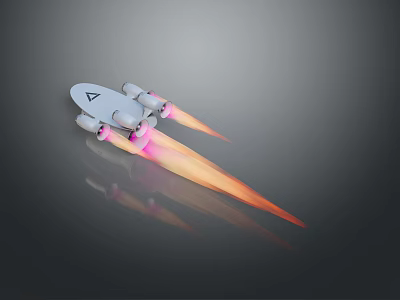 3D Spaceship Model With Gray Body And Pink Orange Thruster Flames On Dark Background 3d model