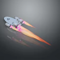 3D Spaceship Model With Gray Body And Pink Orange Thruster Flames On Dark Background