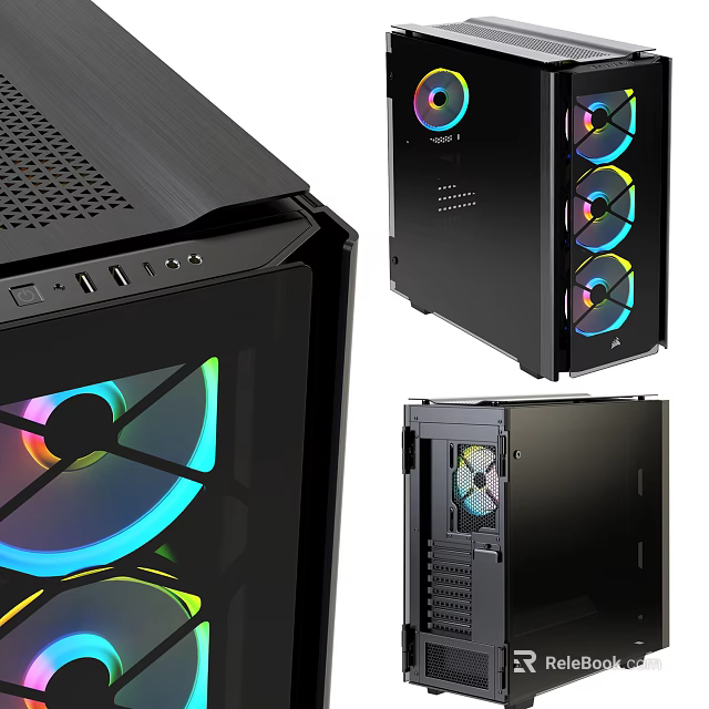 Modern Black Gaming Computer Case With RGB Fans And Transparent Side Panel 3d model 